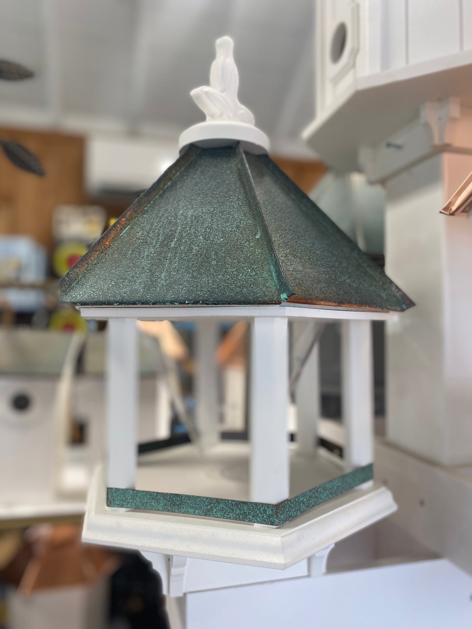 Hexagon Bird Feeder with Aged Copper Roof