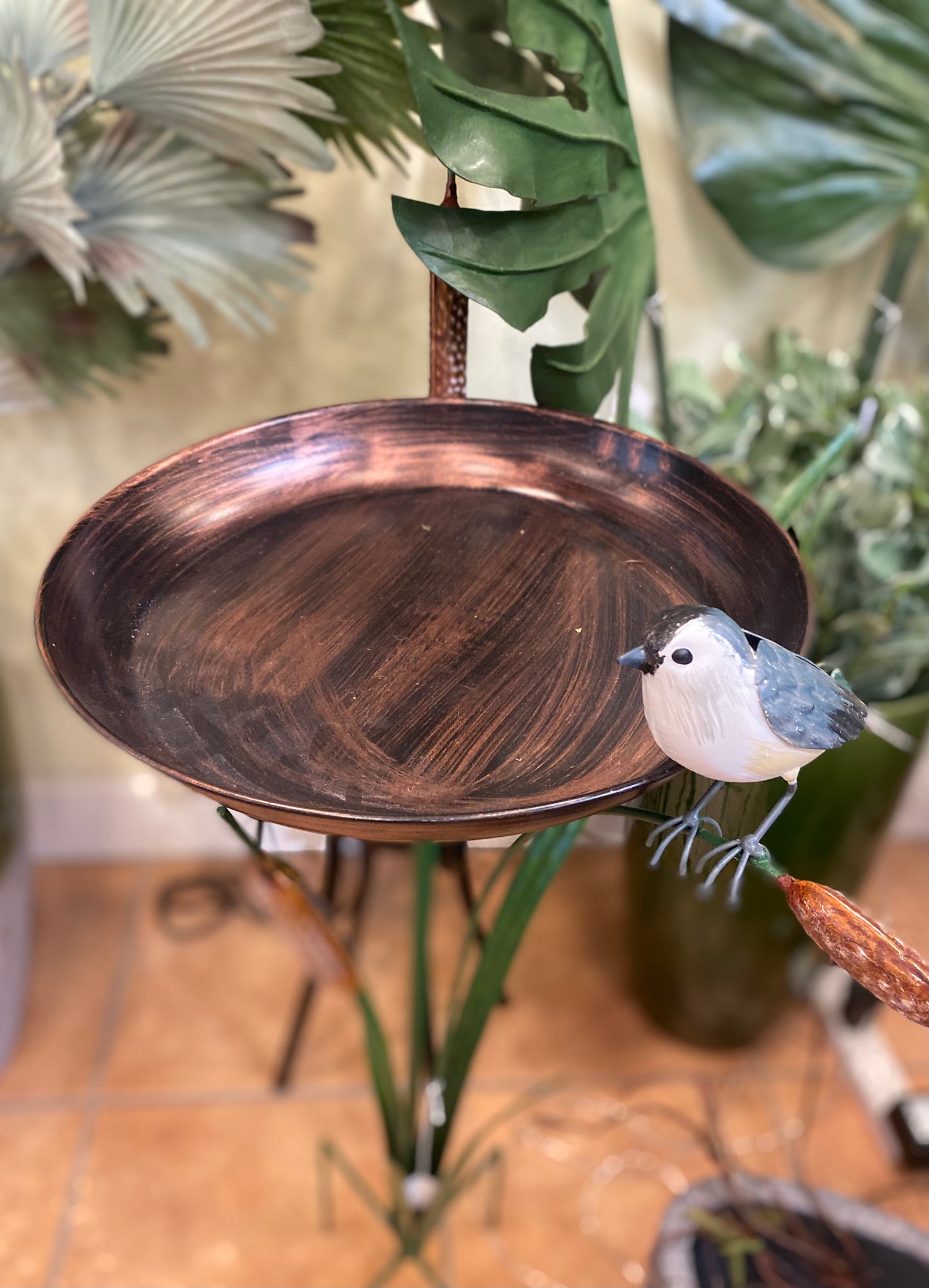 Rustic Metal Birdbath with Songbird Accent