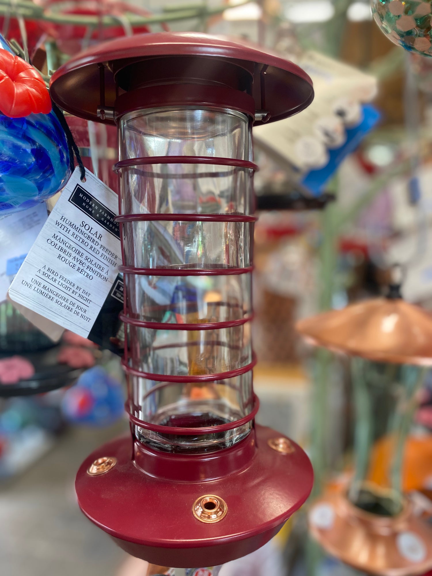 Solar Hummingbird Feeder with Retro Red Finish