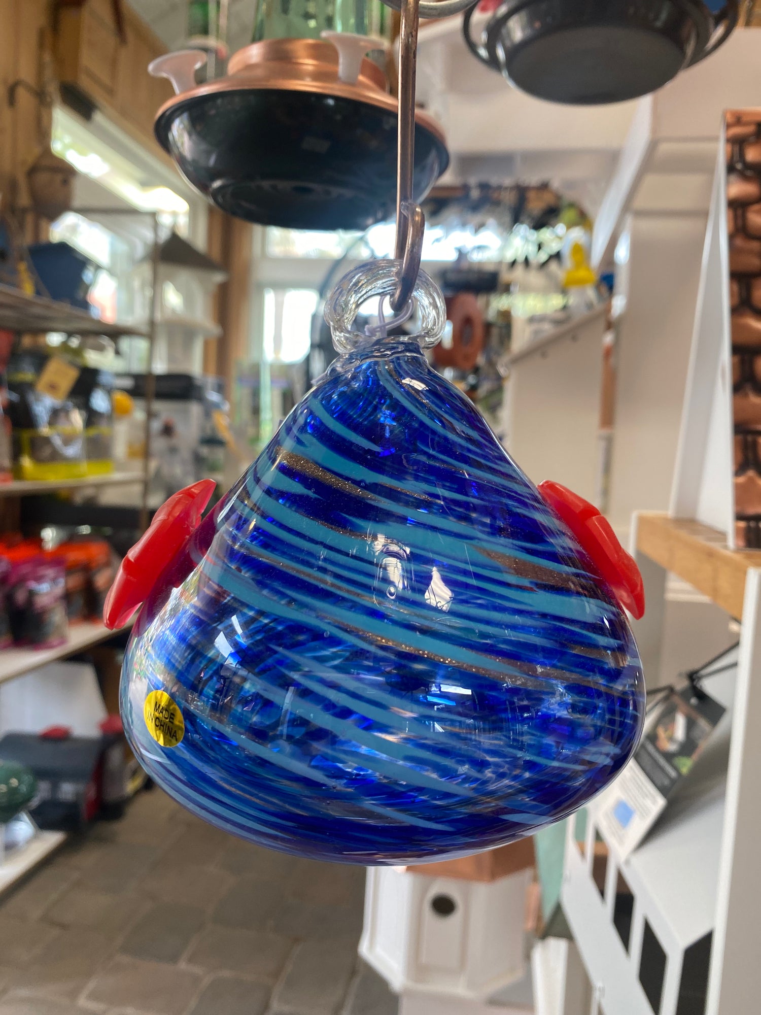 Hand-Blown Glass Hummingbird Feeder - Blue Swirl