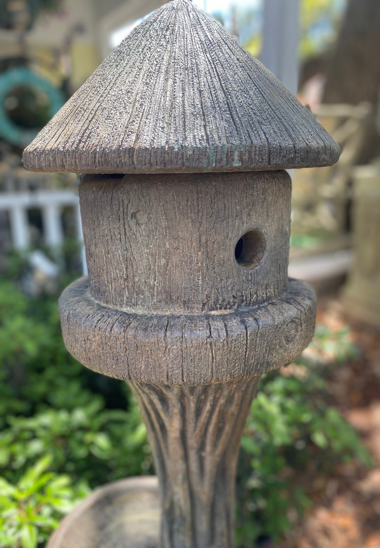 Tall Round Birdhouse with Feeder - Rustic Cast Stone