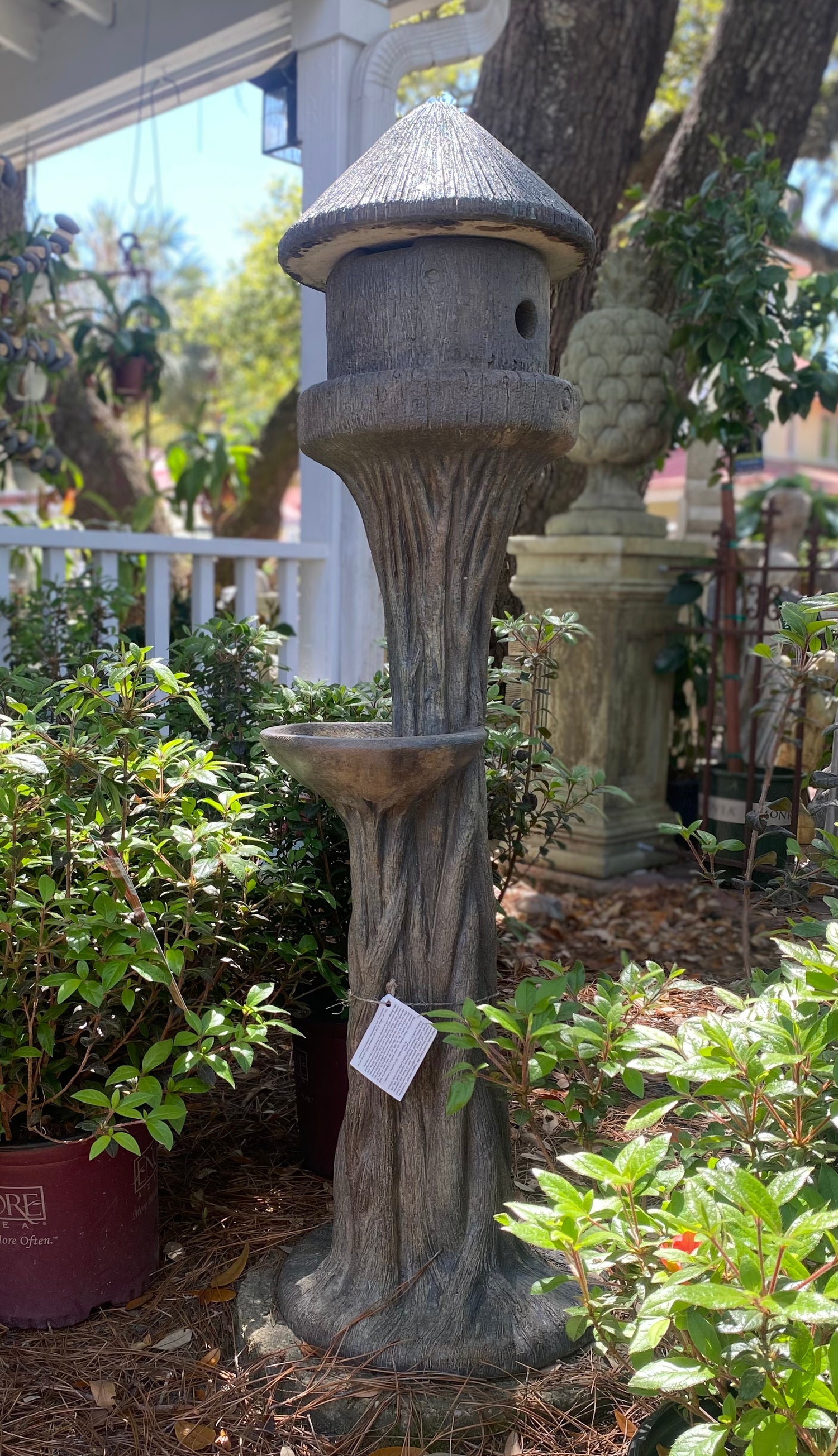 Tall Round Birdhouse with Feeder - Rustic Cast Stone